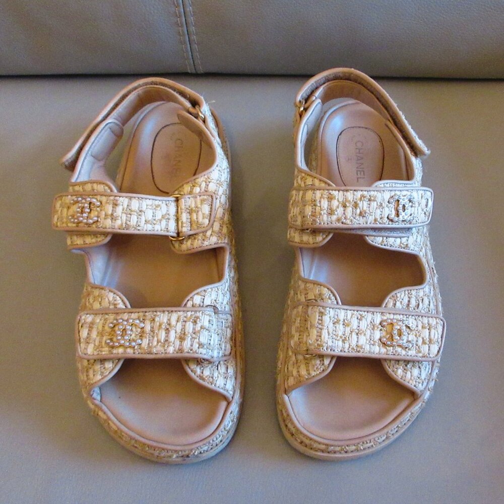 Chanel Tweed/Straw/Rattan Dad Sandals
